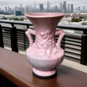 Vintage Dryden Pottery Tan Clay Double Handle Embossed Flowers Mauve Vase